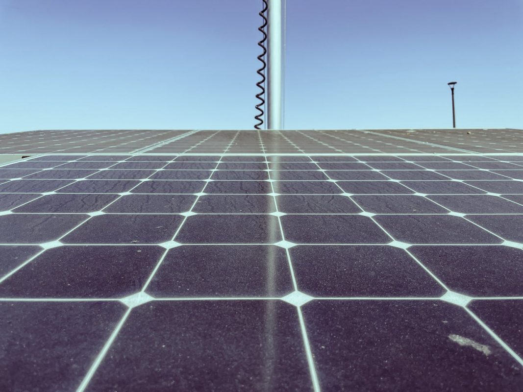 Detailed view of solar panels capturing sunlight, showcasing renewable energy technology.